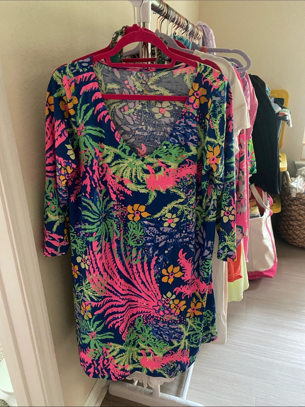 Lilly Pulitzer Navy Dress with Neon Pink & Lime Floral Print